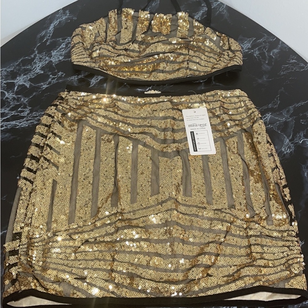 Women’s 2pc Sexy Set Mini Skirt+Top Allover Gold Sequins Size M, L, XXL MEANEOR